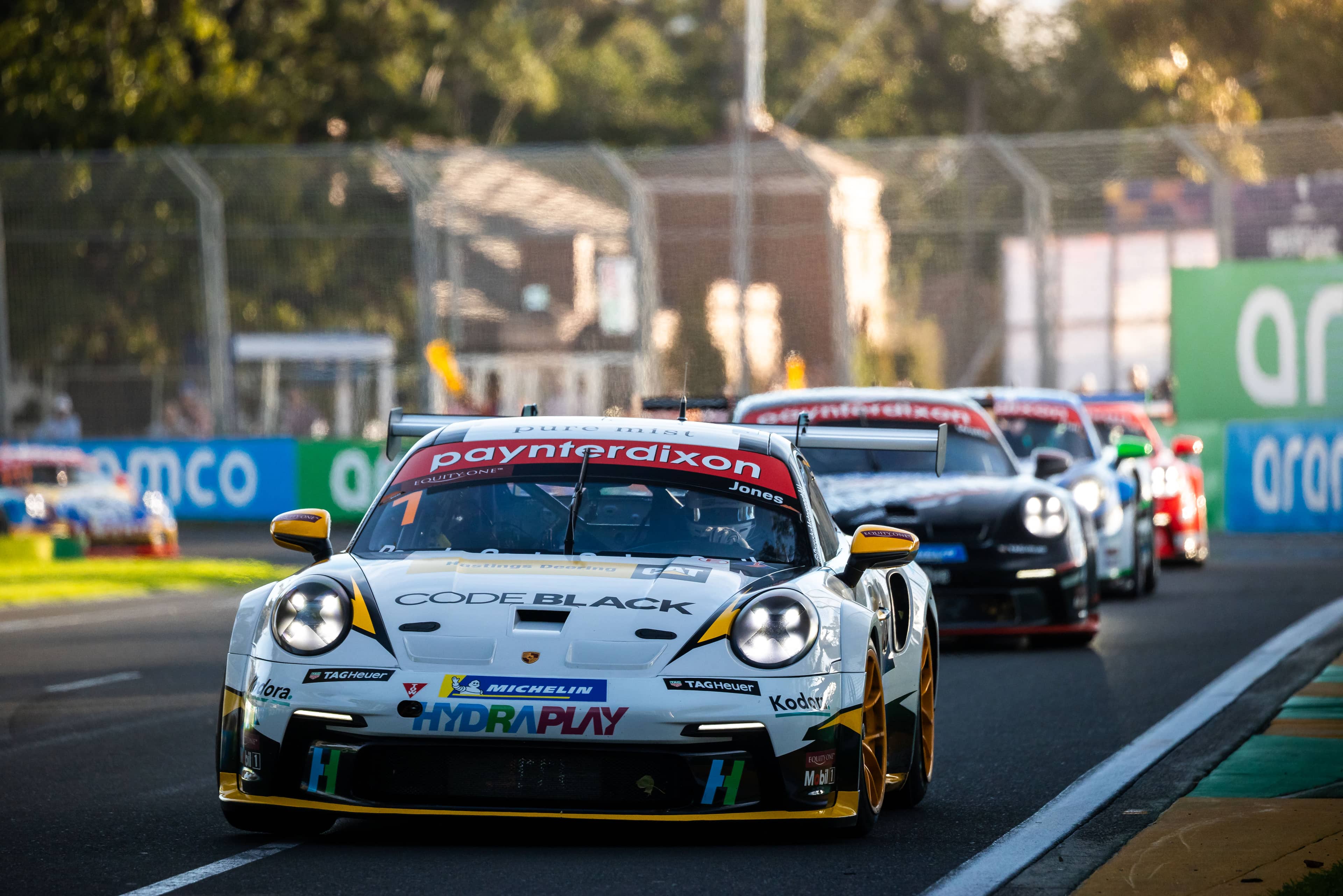 ProRacer-sponsored Porsche GT3 Cup racing car leading the pack